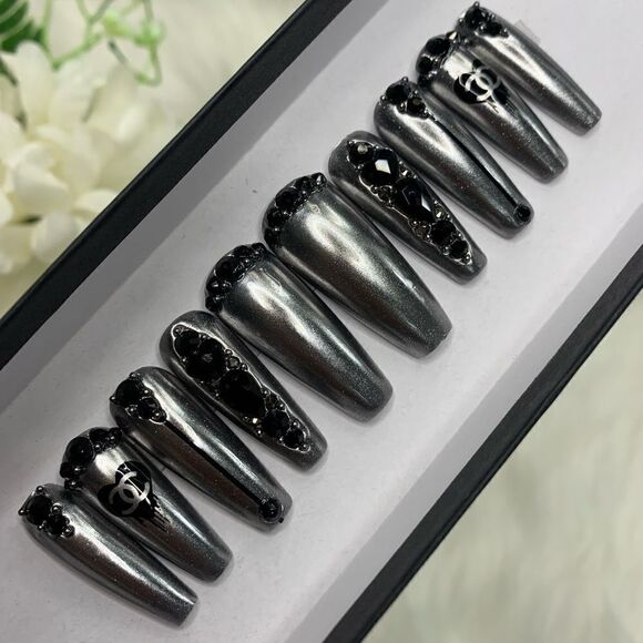 Black Bling Press On Nails | Handmade Press On Nails | Fake Nails - Picture 5 of 12